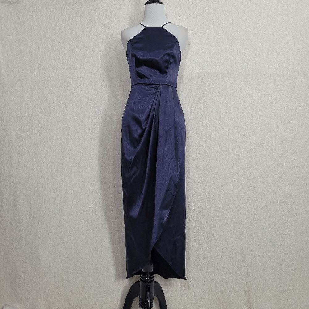 After Six 6829 Stretch Midnight Navy Charmeuse Halter Tulip Skirt Midi Dress 12R